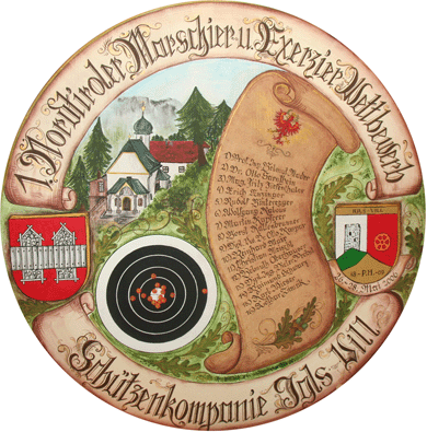 Schützenscheibe vom 1. Nordtiroler Marschier- und Exerzierwettbewerb, geschossen von der Jury. Preis für den 1. Platz. Mai 2006