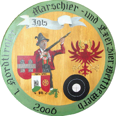 Schützenscheibe vom 1. Nordtiroler Marschier- und Exerzierwettbewerb. Preis für den 2. Platz. Mai 2006